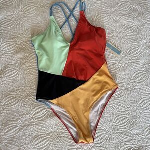 Cupshe Colorblock One Piece Swimsuit Womens Large Red Blue Yellow Mint NWT